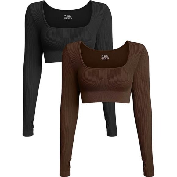 Women's 2 Piece Crop Top Ribbed Seamless Workout Exercise Long Sleeve Crop Tops - Picture 1 of 6
